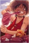  1boy cup eating food hat male_focus masashi_kishimoto meat monkey_d_luffy mug one_piece red_vest solo straw_hat vest 