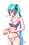  1girl aqua_eyes aqua_hair belly_grab bra breasts cleavage collarbone cowboy_shot grey_panties hand_on_own_stomach hard_translated hatsune_miku highres long_hair navel panties pinching solo sports_bra sweat sweatdrop translated twintails underwear underwear_only very_long_hair vocaloid weight_conscious wokada 