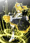  arms_out blonde_hair blue_eyes boots bows dress kagamine_rin meltdown sleeves tagme thigh_highs 