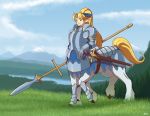 armor blaz_b._aros blazbaros blonde_hair blue_eyes centaur centaur_knight ponyail spear sword unicorn 