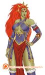  1girl breasts cleavage detached_sleeves fur_trim ganondorf genderswap green_skin halterneck hand_on_hip large_breasts long_hair looking_at_viewer orange_hair poppezinga the_legend_of_zelda thigh-highs under_boob yellow_eyes 