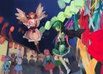  alternate_costume animal_ears antennae backpack bag bird_wings black_cape black_legwear blue_dress blue_hair blue_skirt bow cape dress faceless green_dress green_hair hata_no_kokoro highres japanese_clothes jiliang_ji_ying kawashiro_nitori kimono komeiji_koishi lantern long_hair long_sleeves moon_rabbit multiple_girls music mystia_lorelei obi paper_lantern people pink_dress pink_hair reisen_udongein_inaba sandals sash short_hair short_sleeves singing skirt socks touhou white_legwear wings wriggle_nightbug yellow_bow 