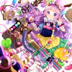  1girl blush cake female gun headdress komadori_ui long_hair original purple_hair smile solo sweets uiyuzu_(uichoco) violet_eyes weapon 