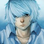  1boy artist_request collared_shirt death_note gradient gradient_background looking_at_viewer male_focus near solo white_hair 