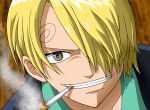  1boy artist_request blonde_hair blue_eyes cigarette hair_over_one_eye male_focus one_piece sanji smile smoke smoking solo source_request teeth 