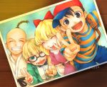  1girl 3boys black_hair blonde_hair bow glasses group happy jeff_andonuts mother_(game) mother_2 multiple_boys ness nintendo paula_polestar pepe_(cxc) photo_(object) poo_(mother_2) v 