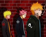  3boys bandaid bleach blonde_hair brick_background cigar crossover emblem fairy_tail gradient_shirt kurosaki_ichigo lather male_focus multiple_boys naruto natsu_dragneel orange_hair piercing pink_hair smoke tattoo uzumaki_naruto 