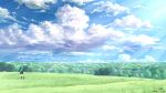  1girl clouds female full_body grass green_hair hatsune_miku highres long_hair nature outdoors scenery school_uniform sky solo tree twintails vocaloid yuuko-san 