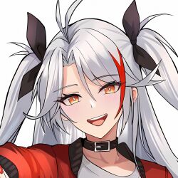  1girl :d alternate_costume azur_lane black_collar black_ribbon blush casual chieftain_art13 close-up collar hair_ribbon happy highres jacket long_hair looking_at_viewer mixed-language_commentary multicolored_hair open_clothes open_jacket orange_eyes prinz_eugen_(azur_lane) red_hair red_jacket ribbon shirt smile solo teeth two-tone_hair two_side_up upper_teeth_only very_long_hair white_hair white_shirt yellow_eyes 