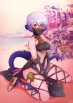  1girl au_ra breasts chicapixel final_fantasy final_fantasy_xiv horns lavender_hair looking_at_viewer navel red_eyes short_hair solo stomach tail veil wariza 