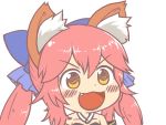  1girl animal_ears bell bell_collar bow breasts cleavage collar fang fate/extra fate/grand_order fate_(series) fox_ears gyate_gyate hair_bow ikiyouz japanese_clothes open_mouth pink_hair simple_background solo tamamo_(fate)_(all) tamamo_no_mae_(fate) white_background yellow_eyes 