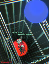  1boy 3hkowalski artist_name black_hat caine_(the_amazing_digital_circus) circle coat commentary english_commentary english_text gloves green_eyes hat highres i_have_no_mouth_and_i_must_scream male_focus red_coat self_hug solo tears teeth the_amazing_digital_circus top_hat white_gloves 