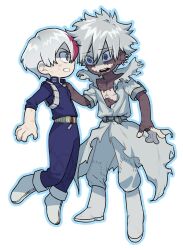  2boys bkg0303 blue_eyes blue_jacket blue_pants boku_no_hero_academia boots brothers chibi chibi_only clenched_teeth coat colored_skin commentary_request dabi_(boku_no_hero_academia) dirty dirty_face earrings full_body grey_eyes hair_between_eyes hand_on_another's_shoulder highres jacket jewelry long_coat male_focus multicolored_hair multicolored_skin multiple_boys multiple_earrings open_clothes open_coat open_mouth pants red_hair siblings stitched_chest stitched_face stitched_hand stitches superhero_costume teeth todoroki_shoto two-tone_hair two-tone_skin white_background white_boots white_coat white_hair white_pants 