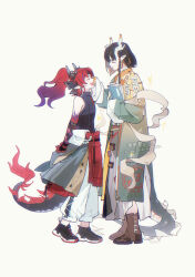  1boy 1girl absurdres ankle_boots arknights arms_behind_back bbrah_v black_hair black_shirt black_shoes book boots brother_and_sister brown_boots closed_eyes closed_mouth coat coat_around_waist colored_extremities dragon_boy dragon_girl dragon_horns dragon_tail facing_another gradient_coat gradient_hair green_coat grey_coat hand_on_another's_cheek hand_on_another's_face highres holding holding_book horns jie_(arknights) long_hair multicolored_hair open_mouth pants pointy_ears ponytail purple_hair red_hair shirt shoes short_hair siblings simple_background sleeveless sleeveless_shirt smile sneakers tail white_pants yellow_coat yu_(arknights) 