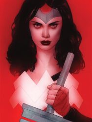  1boy 1girl absolute_dc absolute_wonder_woman amazon_warrior arm_wrap black_hair black_lips crown dc_comics highres lifting_object long_hair red_background solo superhero_costume wonder_woman wonder_woman_(absolute_dc) wonder_woman_(series) 
