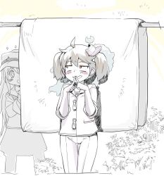  +_+ 2girls ahoge akatsuki_(kancolle) alternate_costume anchor_symbol blush_stickers commentary_request hat ikusotsu index_fingers_together kantai_collection multiple_girls peaked_cap ryuujou_(kancolle) school_uniform serafuku sideways_hat smile thigh_gap twintails 