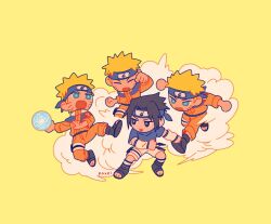  2boys artist_name black_eyes black_hair blonde_hair blue_eyes blue_headband blue_shirt blue_shoes chibi chibi_only clenched_hands closed_eyes commentary_request facial_mark fighting_stance full_body furrowed_brow headband holding holding_kunai holding_weapon jacket jumpsuit konohagakure_symbol kunai male_focus multiple_boys naruto_(classic) naruto_(series) open-toe_shoes orange_jacket orange_jumpsuit orange_pants pants parted_lips poxeii rasengan running shirt shoes short_hair shorts spiky_hair uchiha_sasuke uzumaki_naruto weapon whisker_markings white_shorts white_sleeves yellow_background 