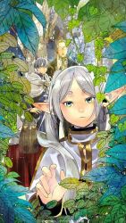  1girl 3boys abe_tsukasa beard black_dress blue_eyes blue_hair cape closed_mouth dress earrings eisen_(sousou_no_frieren) elf facial_hair fake_horns forest frieren glasses green_eyes green_hair hand_on_own_face heiter helmet highres himmel_(sousou_no_frieren) horned_helmet horns jewelry leaf long_beard looking_at_viewer multiple_boys nature open_mouth outdoors pointy_ears priest red_cape short_hair sousou_no_frieren twintails very_long_beard white_cape white_hair 
