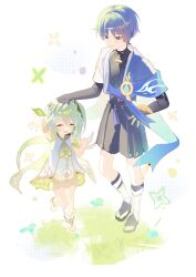  1boy 1girl anemo_symbol_(genshin_impact) arm_up black_bodysuit black_bow black_bridal_gauntlets black_hair black_sandals black_shorts bloomers blue_cape blue_eyes blue_gem blue_kimono blunt_ends bodysuit bow bracelet bridal_gauntlets cape choppy_bangs clenched_hand closed_eyes closed_mouth diorama dress eyelashes facing_another feathers full_body furisode gem genshin_impact gold gold_ring gold_trim grass green_cape green_hair hakama hakama_shorts hand_up headpat height_difference highres japanese_clothes jewelry juban kimono leg_warmers light_blush long_hair looking_at_another microdress middle_ring multicolored_hair nahida_(genshin_impact) open_clothes open_hand open_kimono open_mouth pleated_shorts pom_pom_(clothes) purple_hair purple_rope purple_sash rope sa_mhe sandals sash scaramouche_(genshin_impact) short_sleeves shorts shoulder_peek side_cape side_ponytail sidelighting sidelocks smile socks split_mouth streaked_hair teeth toeless_legwear toeless_socks toes tsurime turtleneck turtleneck_bodysuit upper_teeth_only vision_(genshin_impact) wanderer_(genshin_impact) white_background white_bloomers white_dress white_hair white_kimono white_leg_warmers white_sleeves white_socks white_trim yellow_feathers zouri 