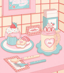  candy commentary cup english_commentary english_text food food_focus food_print fork fruit fruit_print highres indoors napkin nekomaru0817 original pastel_colors picture_frame plate scenery spoon strawberry strawberry_print sweets table tile_wall tiles 