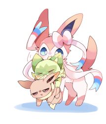  blue_eyes brown_eyes brown_fur closed_eyes eevee green_fur highres no_humans pink_fur pokemon pokemon_(creature) simple_background sprigatito sylveon two-tone_fur white_background white_fur yupo_0322 