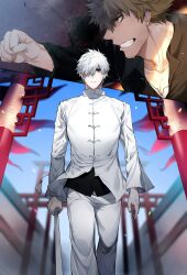  2boys architecture bad_link blonde_hair chinese_clothes east_asian_architecture gate grin hair_over_one_eye hataraku_saibou highres holding holding_sword holding_weapon killer_t_(hataraku_saibou) male_focus multiple_boys muscular pankou smile spiky_hair split_screen sweat sword tangzhuang third-party_source torii tsunami_(sorudora) u-1146 upper_body weapon white_blood_cell white_blood_cell_(hataraku_saibou) white_hair 