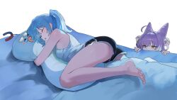  2girls absurdres ahoge arahashi_tabi armpit_crease bare_arms bare_legs bare_shoulders barefoot bed black_shorts blue_eyes blush character_request closed_eyes cone_hair_bun copyright_request dolphin_shorts fox_girl full_body hair_bun hair_ornament hair_rings heterochromia highres hug long_hair looking_at_another magnet multicolored_hair multiple_girls nbee_ya on_bed open_mouth orange_eyes peeking pom_pom_(clothes) pom_pom_hair_ornament purple_hair short_shorts shorts side_ponytail sidelocks sleeping stellive streaked_hair tank_top tenko_shibuki virtual_youtuber white_streaks white_tank_top 