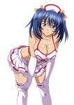  00s 1girl bare_shoulders bashoku_youjou blue_hair breasts cleavage female hair_ornament ikkitousen large_breasts leaning_forward looking_at_viewer pink_eyes short_twintails skirt smile solo standing thigh-highs twintails 