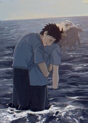  2boys ahoge amputee black_pants brown_hair clenched_teeth closed_eyes commentary_request danganronpa_(series) danganronpa_2:_goodbye_despair green_eyes grey_shirt head_back highres hinata_hajime hug komaeda_nagito looking_up male_focus multiple_boys ocean outdoors pants parted_bangs shirt shirt_tucked_in short_sleeves sky standing teeth water white_hair yuyuyuyriri 