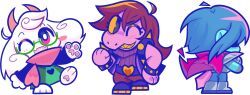  1boy 1girl 1other androgynous animal_ears armlet armored_boots black_boots black_eyes black_hair blue_skin blush_stickers boots bracelet bright_pupils cape chibi chibi_only colored_sclera colored_skin colored_teeth commentary deltarune english_commentary fangs furry furry_female furry_male glasses green-framed_eyewear highres horns jewelry kris_(dark_world)_(deltarune) kris_(deltarune) long_hair long_sleeves looking_at_viewer pink_eyes pink_scarf pkbunny purple_hair purple_skin ralsei red_cape round_eyewear scarf semi-rimless_eyewear sharp_teeth simple_background single_blush_sticker skin_fangs standing susie_(dark_world)_(deltarune) susie_(deltarune) sword teeth the_fun_gang under-rim_eyewear utdr_(toby_fox) weapon white_background white_pupils yellow_sclera yellow_teeth 