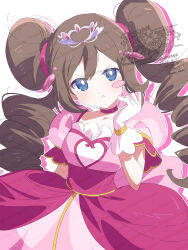  1girl blue_eyes blush breasts brown_hair choker closed_mouth donut_hair_bun double_bun dress gloves hair_bun highres long_hair looking_at_viewer official_alternate_costume pink_choker pink_dress pokemon pokemon_bw2 pokestar_studios pout puffy_short_sleeves puffy_sleeves rosa_(pokemon) serizawa_serizane short_sleeves solo tiara twintails white_gloves 