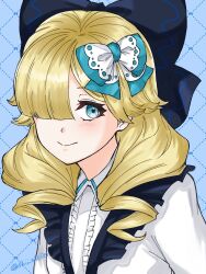  1girl blonde_hair blue_eyes bow commentary_request fire_emblem fire_emblem_engage hair_bow hair_over_one_eye highres looking_at_viewer marni_(fire_emblem) medium_hair shii_atelier smile solo two-tone_headwear 