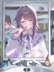  2girls absurdres alternate_costume blush bow bowtie brushing_teeth closed_eyes closed_mouth commentary_request cup faucet hand_up herta_(honkai:_star_rail) highres holding holding_cup holding_toothbrush honkai:_star_rail honkai_(series) long_hair long_sleeves matching_outfits mirror miya-chan_(lightning0730) multiple_girls nightgown official_alternate_costume purple_hair reflection reflection_focus ruan_mei_(honkai:_star_rail) sink soap_bottle solo_focus squeans the_herta_(honkai:_star_rail) the_herta_(the_herta's_magic_kitchen)_(honkai:_star_rail) tile_wall tiles toothbrush toothpick very_long_hair water white_bow white_bowtie white_nightgown 