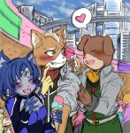  1girl 2boys bill_grey blue_hair blush bodysuit closed_eyes fox_mccloud furry gloves group krystal multiple_boys nintendo short_hair star_fox 