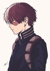  1boy boku_no_hero_academia burn_scar closed_mouth commentary_request from_side highres male_focus multicolored_hair nenashibito red_hair scar scar_on_face short_hair signature simple_background solo split-color_hair superhero_costume todoroki_shoto two-tone_hair upper_body white_background white_hair 