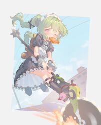  1girl absurdres black_boots blue_sky boots bread bread_slice circular_saw commentary_request corin_wickes crying fingernails food food_in_mouth green_hair hair_between_eyes highres holding holding_weapon knee_boots long_hair maid maid_headdress memoriaev mouth_hold one_eye_closed power_lines road saw sky toast toast_in_mouth twintails violet_eyes weapon weapon_riding zenless_zone_zero 