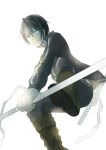  1boy absurdres bandage black_hair blue_eyes dual_wielding hair_between_eyes highres holding holding_weapon looking_at_viewer ly male_focus noragami solo weapon white_background yato_(noragami) 