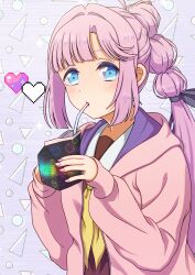  1girl abstract_background absurdres anyoji_hime blue_eyes blush brown_dress closed_mouth commentary_request dress drink_carton drinking gaming_strawberry_milk_(love_live!) hasu_no_sora_school_uniform heart highres holding holding_milk_carton hood hooded_jacket jacket kaberiemate link!_like!_love_live! long_hair long_sleeves looking_at_viewer love_live! milk_carton multi-tied_hair neckerchief open_clothes open_jacket pink_hair pink_jacket pixel_heart ponytail purple_background sailor_collar sailor_dress school_uniform solo strawberry_milk upper_body very_long_hair virtual_youtuber white_sailor_collar winter_uniform yellow_neckerchief 