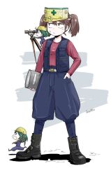  3girls artist_name black_boots blue_pants blue_vest boots brown_eyes brown_hair commentary_request fairy_(kancolle) green_hair hand_in_pocket hard_hat helmet holding holding_binder holding_pickaxe ikusotsu kantai_collection multiple_girls pants pickaxe pout red_shirt ryuujou_(kancolle) shirt signature telescope v-shaped_eyebrows vest 