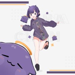  1girl absurdres black_slippers character_name english_commentary highres hololive hololive_english looking_at_viewer ninomae_ina'nis ninomae_ina'nis_(loungewear) official_alternate_costume open_mouth pointy_ears purple_hair rojogarnina short_hair slippers takodachi_(ninomae_ina'nis) teeth upper_teeth_only violet_eyes virtual_youtuber white_background 