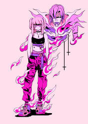  2girls amane_misa arkestar bandage_over_one_eye bare_arms bare_shoulders belt black_choker black_shirt blonde_hair breasts cargo_pants choker closed_mouth commentary crop_top cross cross_earrings cross_necklace death_note earrings full_body half_updo hands_in_pockets highres inverted_cross inverted_cross_earrings inverted_cross_necklace jewelry long_hair medium_breasts midriff monster_girl multiple_girls necklace pants pink_background pink_pants purple_belt rem_(death_note) shinigami shirt shoes short_hair sidelocks sneakers spaghetti_strap twintails upper_body 