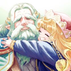  1boy 1girl beard blonde_hair blue_robe blue_tabard charlotte_(seiken_densetsu_3) closed_eyes closed_mouth commentary_request curly_hair dated facial_hair gold_trim grandfather_and_granddaughter green_hair grin hat highres hug long_hair mustache old old_man parted_bangs parted_lips pointy_ears priest priest_of_light_(seiken_densetsu) red_hat robe seiken_densetsu seiken_densetsu_3 smile tabard taruneko2006 teeth thick_eyebrows upper_body 
