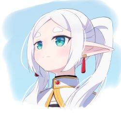  1girl absurdres aqua_eyes black_shirt blue_background blush capelet closed_mouth commentary cropped_head earrings elf floating_earrings frieren from_below gem gold_earrings gold_trim high_collar highres jewelry long_hair long_pointy_ears looking_up meme multicolored_shirt nkeo parted_bangs pointy_ears red_gem shirt smile solo sousou_no_frieren split_mouth striped_clothes striped_shirt teardrop_earrings thick_eyebrows twintails two-tone_shirt upward_angle_frieren_drawing_(meme) white_capelet white_hair white_shirt 