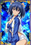  00s 1girl bashoku_youjou blue_hair blush breasts card_(medium) cleavage female hair_ornament ikkitousen large_breasts leaning_forward looking_at_viewer midriff short_shorts short_twintails shorts smile solo standing twintails violet_eyes 