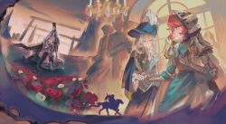  2girls 2others absurdres armor black_boots blue_cape blue_eyes blue_hat blue_jacket blue_vest boots cape fighting flower full_armor gauntlets gloves grey_eyes grey_hair grey_sky gun hair_ornament hat helmet highres holding holding_gun holding_hands holding_weapon horse horseback_riding jacket keroshoku long_hair looking_at_another lying marsha_(reverse:1999) military_uniform multiple_girls multiple_others multiple_riders multiple_views official_alternate_costume poppy_(flower) profile red_flower red_hair reverse:1999 riding rifle sentinel_(reverse:1999) shirt short_hair shoulder_armor sky stab vest weapon white_flower white_gloves white_shirt window 