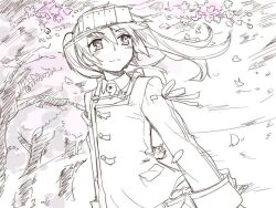  1girl cherry_blossoms commentary_request greyscale ikusotsu japanese_clothes kantai_collection kariginu looking_to_the_side magatama monochrome petals ribbon-trimmed_sleeves ribbon_trim ryuujou_(kancolle) solo spot_color tree twintails upper_body visor_cap wind 