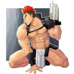  1boy abs bandaid male_focus multicolored_hair muscle nipples pecs solo tagme weapon winemvee 