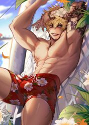  1boy arm_tattoo armpits arms_up beard_stubble black_hair blonde_hair blue_eyes commission drawstring earrings facial_hair fish_hook floral_print flower goobieroo grin hammock hawaiian_clothes hibiscus hibiscus_print highres indie_virtual_youtuber jewelry konatide lying male_focus multicolored_hair muscular muscular_male necklace on_hammock red_shorts short_hair shorts smile stubble stud_earrings tattoo topless_male two-tone_hair 
