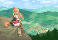  1girl absurdres animal_ear_fluff animal_ears armor black_dress blue_sky boots breastplate brown_armor brown_gloves brown_hair closed_mouth clouds cloudy_sky commentary_request day dress elbow_gloves floating_hair footwear_tassel from_side full_body fur-trimmed_boots fur-trimmed_gloves fur_trim gloves hair_tubes hand_up highres leather leather_armor leather_boots leather_gloves long_hair looking_ahead manabu-san metal_arm_cuffs metal_hair_tubes metal_wrist_cuffs mountainous_horizon on_cliff outdoors pauldrons pinstripe_dress pinstripe_pattern raccoon_ears raccoon_girl raccoon_tail raphtalia red_dress red_eyes short_dress shoulder_armor sitting sky sleeveless sleeveless_dress smile solo tail tate_no_yuusha_no_nariagari thigh_boots two-tone_dress white_dress white_fur white_trim yellow_trim 