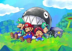  4boys baby_luigi baby_mario black_eyes blue_overalls blue_shoes blue_sky boots brown_boots brown_hair buttons chain_chomp closed_eyes clouds day facial_hair gloves grass green_hat green_shirt green_shoes hat highres in-universe_location long_sleeves looking_at_another looking_to_the_side luigi male_focus mario mario_&amp;_luigi:_partners_in_time mario_&amp;_luigi_rpg multiple_boys mustache newsboy_cap open_mouth outdoors overalls parted_lips red_hat red_shirt red_socks shirt shoes short_hair sitting sky sleeping socks star_(symbol) striped_clothes striped_socks super_mario_bros. teeth toddler two-tone_socks upper_teeth_only white_gloves white_socks yamari_(ya_mari_6363) 